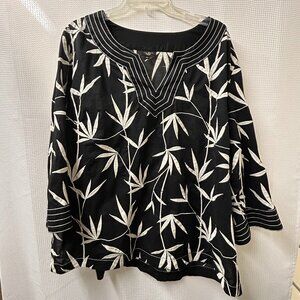 Talbots Black Cotton Embroidered Bamboo V-Neck Scoop 3/4 sleeves Size 22